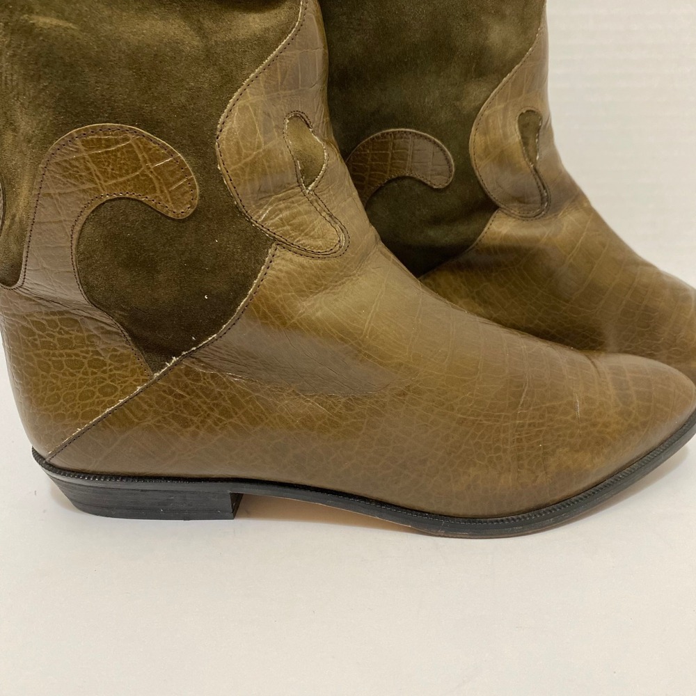 VTG 80s Bandolino Made in Italy Suede Croc Leather Westerncore Boots 9 Olive - Picture 5 of 9